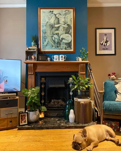 Dulux Teal Tension 50BG 12/219 living room fireplace Dulux Teal, Warm Living Room Colors, Oak Fireplace, Living Room Fireplace, Room Fireplace, Living Room Warm, Arch Interior, Teal Walls, Living Room Colors