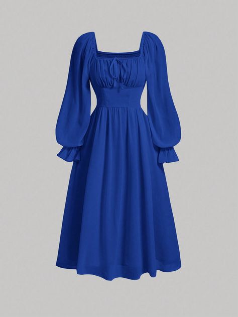 SHEIN MOD Square Neck Flare Sleeve Ruched Bust DressI discovered amazing products on SHEIN.com, come check them out! Harry Hook, School Dance Dresses, Blue Dress Short, Long Blue Dress, Dresses Aesthetic, Balloon Sleeve Dress, Quick Outfits, Long Dress Casual, Royal Blue Dresses