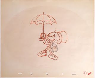 Original production animation drawing in orange and graphite pencils of Jiminy Cricket from "Pinocchio," 1940, Walt Disney Studios; Numbered 89 in red pencil lower right; Size - Jiminy Cricket: 6 1/4 x 4 3/4", Sheet: 10 x 12"; Unframed. Pinocchio Tattoo, Jimminy Cricket, Disney Pencil Drawings, Jimmy Cricket, Pinocchio 1940, Observational Drawings, Bill Peet, Cartoon Tattoo Ideas, Animated Shows