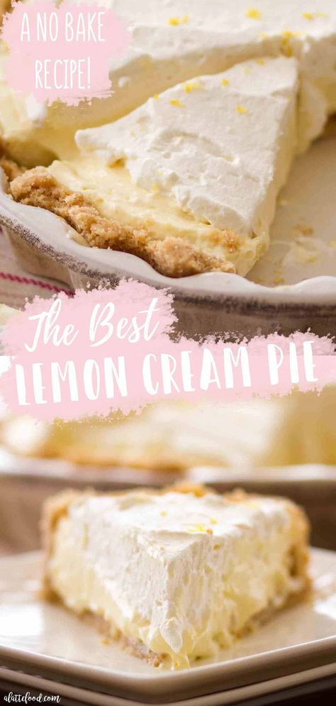 This No Bake Lemon Cream Pie recipe is my favorite lemon dessert! Vanilla Wafer Cookies (nilla wafers) and Golden Oreo Cookies make the best cookie pie crust, and the lemon pie filling is a combo of cream cheese, homemade whipped cream, instant vanilla pudding and fresh lemon juice! This is one of our favorite lemon pies! #lemon #pie #nobake #recipe #dessert No Bake Lemon Cream Pie, Lemon Creme Pie, Lemon Cream Cheese Pie, Lemon Pies, Lemon Cream Pie, Vanilla Pudding Recipes, Lemon Whipped Cream, No Bake Lemon, Lemon Cream Pies