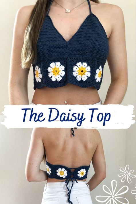 crochet, top, crop top, blue, daisy flower, african flower, girls, women, fashion Summer Crop Tops Crochet, Crochet Daisy Top, Crop Tops Crochet, Granny Square Haken, Crop Top Crochet, Daisy Top, Crochet Top Outfit, شال كروشيه, Crochet Bra