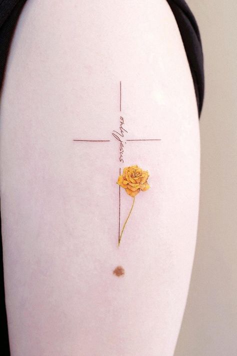 Cross With Marigolds Tattoo, Cross Daisy Tattoo, Fine Line Religious Tattoo, Cross With Sunflower Tattoo, Female Cross Tattoos, Minimal Cross Tattoo, Sunflower Cross Tattoo, Simple Cross Tattoos For Women, Cross Wrist Tattoos