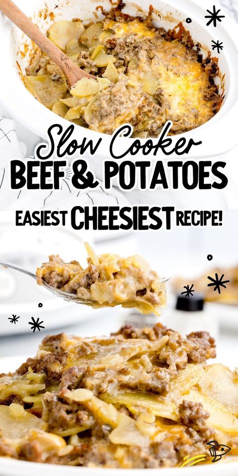 Our slow cooker beef and potatoes recipe is a family favorite packed with savory 92% @lauraslean Lean Ground Beef, tender potatoes and gooey melted cheese. #ad #LaurasLean Hamburger And Potato Casserole, Crock Pot Hamburger, Roasted Recipes, Ground Beef Crockpot Recipes, Hamburger Meals, Hot Recipes, 2024 Meals, Hamburger And Potatoes, Slow Cooker Ground Beef