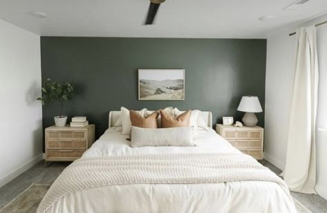 Sage Green Small Room Ideas, Light Grey Bed Green Wall, Green Walls White Furniture Bedroom, Cream Headboard Green Wall, Safe Green Accent Wall Bedroom, Green And Sand Bedroom, Grey Carpet White Walls Bedroom, Khaki Green Bedroom, Sage Green Feature Wall Bedroom