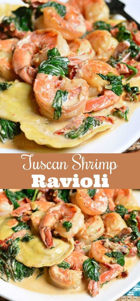 Creamy Tuscan Shrimp Ravioli. Easy and comforting dinner that takes less than 30 minutes to prepare. Juicy shrimp is cooked with garlic, spinach, sun-dried tomatoes, and cream. #shrimp #ravioli #dinner #seafood #easydinner #30minute Shrimp Ravioli, Ravioli Dinner, Creamy Tuscan Shrimp, Shrimp Ideas, Spinach And Cheese Ravioli, Shrimp And Spinach, Tuscan Shrimp, Dinner Seafood, Spinach Ravioli