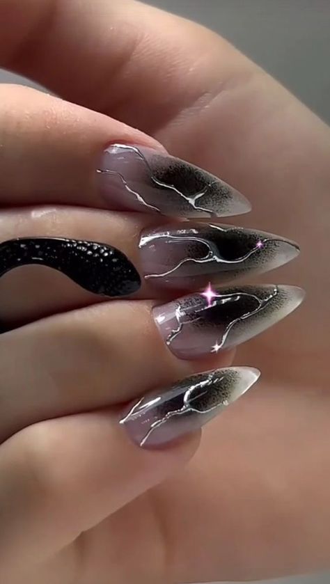 Gel X Nail Designs Black, Cyberpunk Nails Black, Short Goth Nails Ideas, Dark Romance Nails, Black Detail Nails, Nails With Silver Design, Edgy Nails Grunge, Black Goth Nails, Gothic Nail Designs