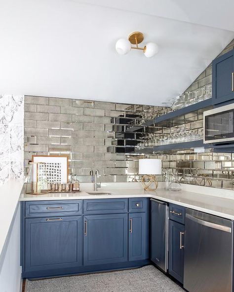 Mirrored Subway Tiles with Blue Wet Bar Cabinets - Contemporary - Dining Room  Love the backsplash L Shape Wet Bar, L Shaped Wet Bar, Contemporary Dining Room Decor, Contemporary Dining Room Lighting, Wet Bar Cabinets, Mirrored Subway Tile, Wet Bar Basement, Basement Bar Plans, Dining Room Design Luxury