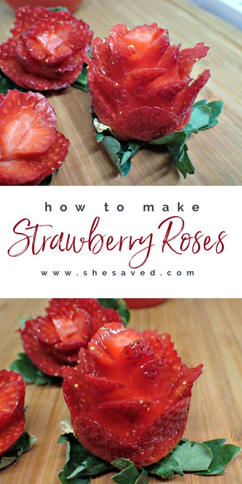 How to Make Chocolate Covered Strawberry Roses for Valentine's Day Yummy Valentines Day Dinner, Valentines Healthy Food, How To Cut A Strawberry Into A Rose, Valentines Healthy Desserts, Chocolate Covered Strawberry Desserts, Valentines Day Dessert Recipes, Valentine’s Day Fruit Ideas, Valentine Fruit Board, Healthy Valentines Charcuterie Board