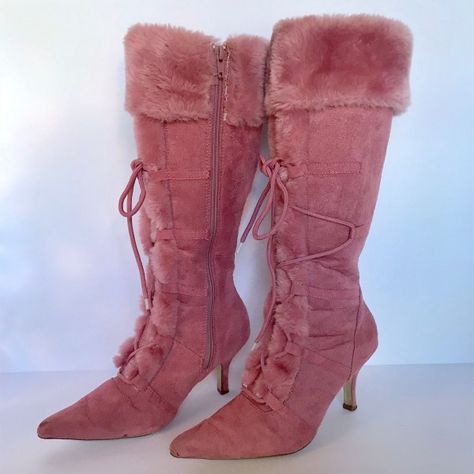 Pink Suede Fur Boots Lace up Stiletto Heel Mid-calf Boots for Party, Music festival, Date, Anniversary, Going out | FSJ Pink Fur Heels, Fur Boots Heels, Stiletto Heel Boots, Fur Heels, Stiletto Heels Boots, Shoes Heels Classy, Party Music, Faux Fur Boots, Girly Shoes