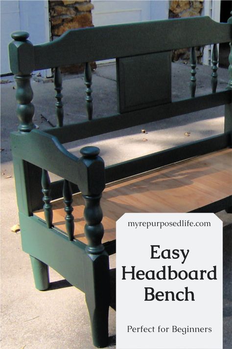 If you have been wanting to make a headboard bench, but have been intimidated by the process, this might be just what you've been looking for! No special tools needed. Only a saw and a drill. #MyRepurposedLife #repurposed #headboard #bench #diy #easy via @repurposedlife Bench Diy Easy, Headboard Bench Diy, Easy Headboard, Make A Headboard, Bed Frame Bench, Repurposed Headboard, Headboard Benches, Old Bed Frames, Old Headboard