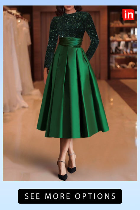 A-Line Cocktail Dresses Elegant Dress Christmas Red Green Dress Wedding Guest Tea Length Long Sleeve Jewel Neck Satin with Pleats Sequin 2023 Red Green Dress, Cocktail Dress Elegant, Green Wedding Dresses, Cheap Cocktail Dresses, Cocktail Dresses Online, A Line Cocktail Dress, Evening Dresses Online, Dresses Formal Elegant, Cheap Evening Dresses