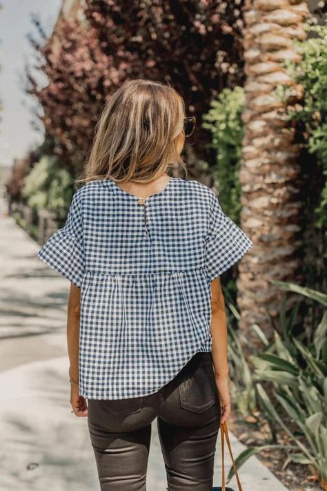 Ruffle Blouse Pattern, Sewing Top, Sewing Blouses, Sewing Tops, Gingham Top, Ruffle Sleeve Top, Diy Blouse Pattern, Gingham Tops, Top Sewing Pattern