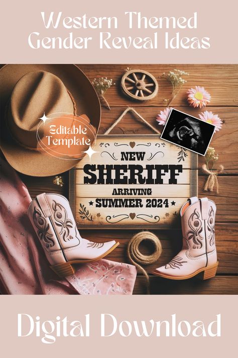 🤠 Introducing the 'New Sheriff' Digital Pregnancy Announcement! Perfect for expecting parents who love the charm of the Texas country and farm lifestyle. This instant download, editable template is ideal for a unique baby gender reveal on social media. Get ready to share your joy in true western style - download now and start personalizing your announcement! Digital Pregnancy Announcement, Texas Country, Farm Lifestyle, Expecting Parents, Baby Gender Reveal, Cowgirl Western, Reveal Ideas, Baby Gender, Country Farm