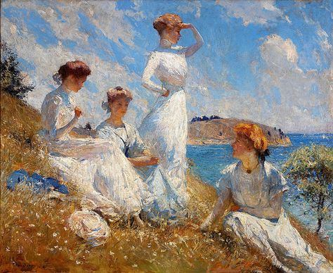 Frank W. Benson "Summer 1909" oil on canvas Frank Weston Benson, Women In White, American Impressionism, Galleria D'arte, Arte Van Gogh, Three Women, Summer Painting, John Singer Sargent, Impressionist Paintings