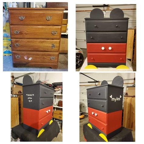 Disney Painted Furniture, Nike Dresser, Kids Furniture Makeover, Disney Kids Rooms, Mickey Mouse Bedroom, Superhero Bedroom, Diy Dresser Makeover, Whimsical Furniture, Dressers Makeover