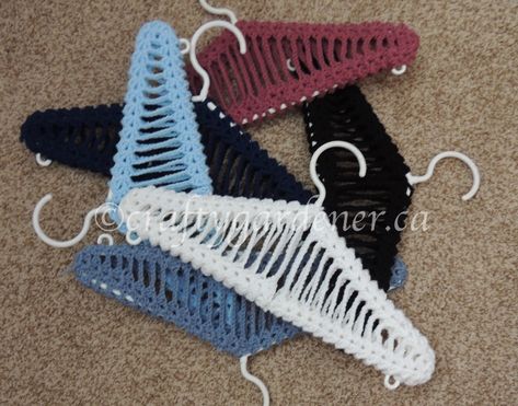 Crochet: Hanger Covers - craftygardener.ca Crochet Hangers Free Pattern, Crochet Hanger Covers Free Pattern, Knitted Hanger Covers Patterns, Crochet Clothes Hangers Free Pattern, Hanger Covers Crochet, Knitted Hanger Covers, Knitted Coat Hangers Pattern, Hanger Covers, Covered Coat Hangers