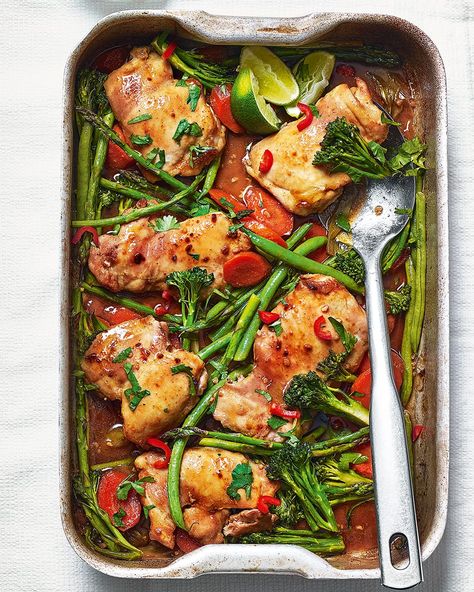 Roast teriyaki chicken traybake | delicious. magazine Chicken Traybake, Tray Bake Recipes, Tray Bake, Baked Dinner, Teriyaki Salmon, Delicious Magazine, Teriyaki Chicken, Sheet Pan Recipes, Main Meals