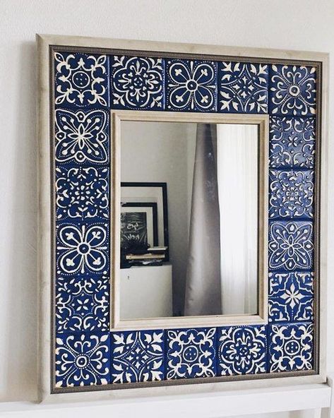 Blue And White Tile, Tile Mirror, Koti Diy, Tile Crafts, Indian Home, Indian Home Decor, Mirror Designs, Tile Art, Diy Garden Decor