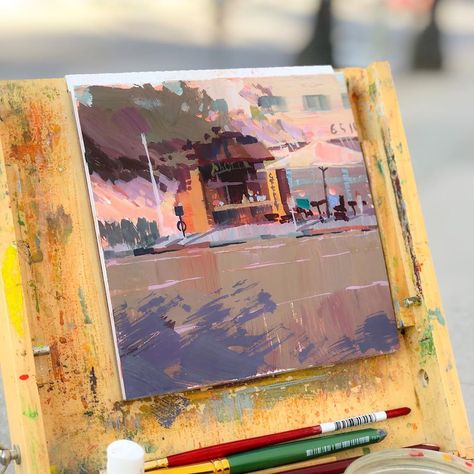 Tommy Kim on Instagram: “A cafe under the tree on sunset blvd. Gouache on 6x6 watercolor pad. . . . .  #gouache #gouachepainting #pleinair #pleinairpainting…” Pochade Box, Environment Painting, Gcse Art Sketchbook, Sunset Blvd, Start Painting, Gouache Illustrations, Gouache Art, Art Folder, Painting Inspo