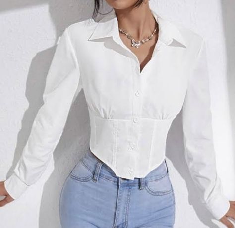 Corset Shirt Outfit, Reworked Clothes, Corset Outfit, Corset Shirt, Fancy Tops, Women Blouses, White Shirts, Crop Shirt, Outerwear Women