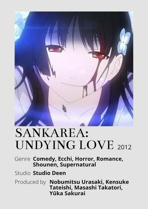 Sankarea: Undying Love Anime Minimalist poster 😊 Information taken from myanimelist.net and wikipedia.org Sankarea Undying Love, Anime Covers, Studio Deen, Poster Information, Anime Minimalist Poster, Undying Love, Minimalist Posters, Minimalist Poster, Supernatural