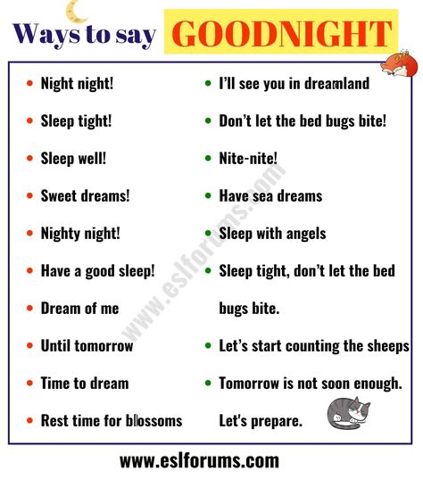 18 Funny Ways to Say GOODNIGHT - ESL Forums Funny Ways To Say Hi, Funny Ways To Say Goodnight, Cute Ways To Say Goodnight, Ways To Say Goodnight, Funny Goodnight, Goodnight Messages, Tatabahasa Inggeris, Say Goodnight, Sms Language