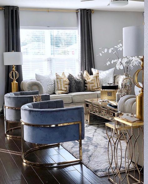 LolynDecor on Instagram: “Awesome and beautifully put together. What are your favorite features? 💙🧡Follow @lolyndecor For more gorgeous decor and inspirations 🧡💙 : :…” Silver Living Room, Ruang Tv, Gold Living Room Decor, Gold Living, Gold Living Room, Glam Living Room, Living Room Goals, Blue Living Room, Living Room Decor Apartment