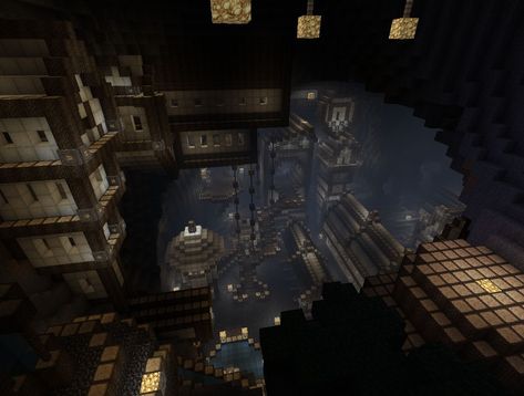 An Underground city [NO Name yet] Minecraft Project Underground Minecraft City, Mincraft Idea Underground Base, Minecraft Cliffside House Ideas, Cave Town Minecraft, Minecraft Mega Base Ideas Underground, Minecraft Cave City, Underground City Minecraft, Minecraft Cliffside House, Minecraft Nether Base