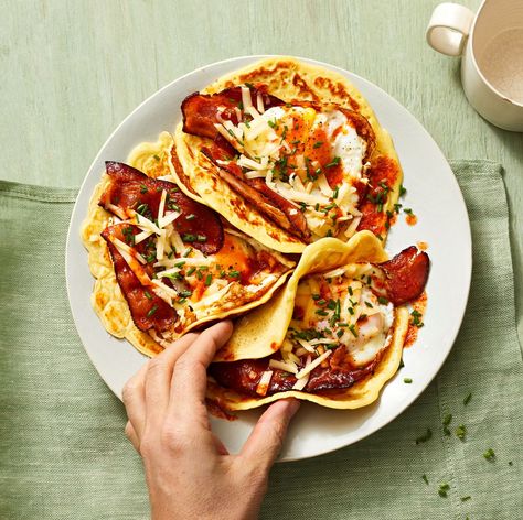 Best Loaded Pancake Tacos Recipe - How To Make Loaded Pancake Tacos Pancake Tacos, Easy Egg Recipes, Healthy Breakfast Recipes Easy, Breakfast Tacos, Easy Eggs, Simply Recipes, Make Ahead Breakfast, Taco Recipes, Easy Healthy Breakfast