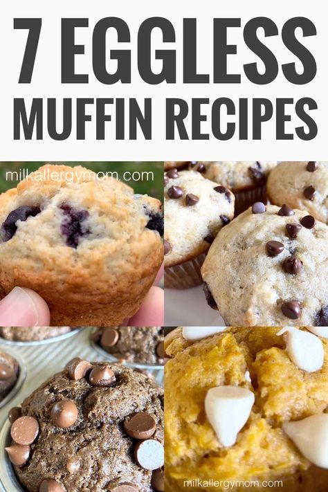 collage of eggless dairy free muffin recipes. blueberry muffins, banana muffins, double chocolate muffins, pumpkin muffins, and more Basic Muffins, Easy Muffin Recipes, Egg Free Muffins, Cranberry Recipes Muffins, Milk Allergy Mom, Eggless Breakfast, Dairy Free Muffins, Eggless Cookie Recipes, Egg Free Breakfast