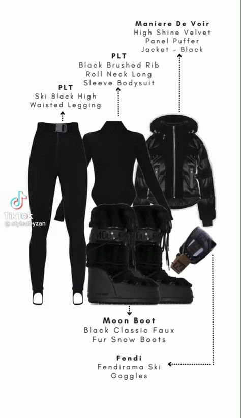 Luxury Ski Outfit, All Black Ski Outfit, Black Ski Outfit, Cute Snow Outfits, Cold Vacation, Ski Japan, Ski Trip Essentials, Ski Attire, Winter Travel Wardrobe