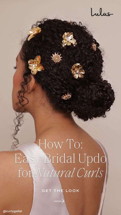 Attention Curly-Haired Brides! Rock your natural curls on your big day with this stunning and easy to execute Up-do! A simple bun is transformed with these gorgeous hairpins for a chic and dreamy bridal moment! Curly Hair Updo Tutorial, Simple Wedding Updo, Naturally Curly Hair Updo, Natural Curly Hairstyles, Natural Hair Wedding, Hair Updos Tutorials, Natural Wedding Hairstyles, Curly Wedding Hair, Curly Updo