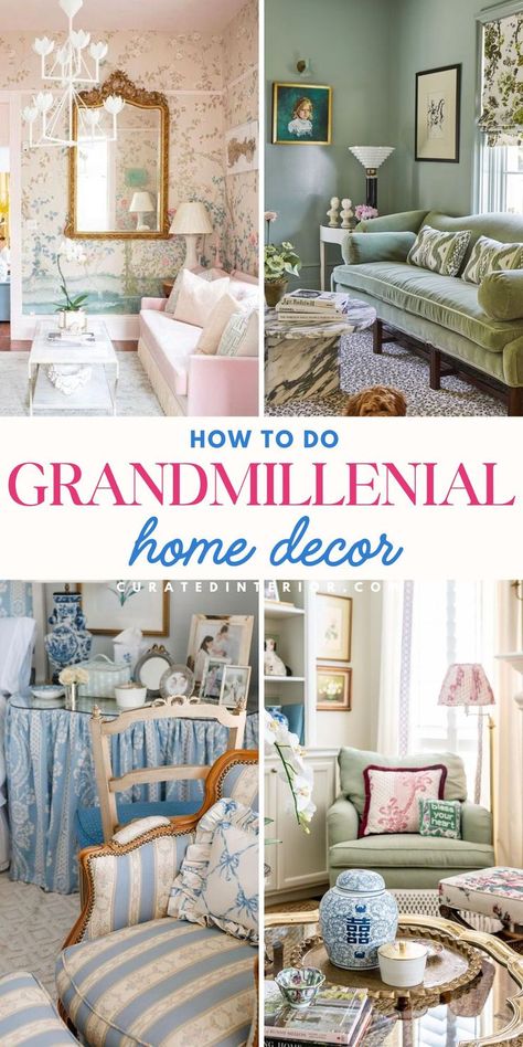 Grandmillennial Style Decor Elements Grandmillenial Style Living Rooms, Grandmillenial Living Room, Grandmillennial Decor, Grandmillennial Home, Vintage Wingback Chair, Coastal Chic Style, Vintage Furniture Antique, Grand Millennial Decor, Grand Millennial Style