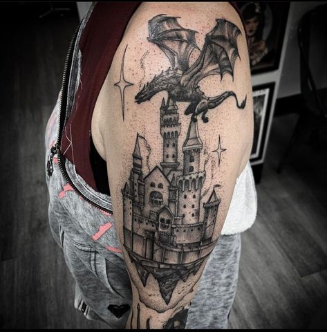 #dragon #castle #tattoo #blackart #darktattoo Tattoo Castle, Castles Tattoo Design, Medieval Castle Tattoo, Castle Dragon Tattoo, Dragon And Castle Tattoo, Dragon Castle Tattoo, Castle With Dragon Tattoo, Dark Castle Tattoo, Castle Leg Tattoo