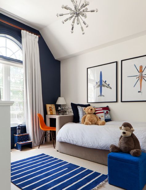 Dark blue accent wall with white or cream then decorate with their sports teams Cool Boys Bedroom Ideas, Navy Accent Walls, Cool Bedrooms For Boys, Boys Room Design, Blue Accent Walls, Big Boy Bedrooms, Boy Bedroom Design, Toddler Boys Room, Decor Hacks