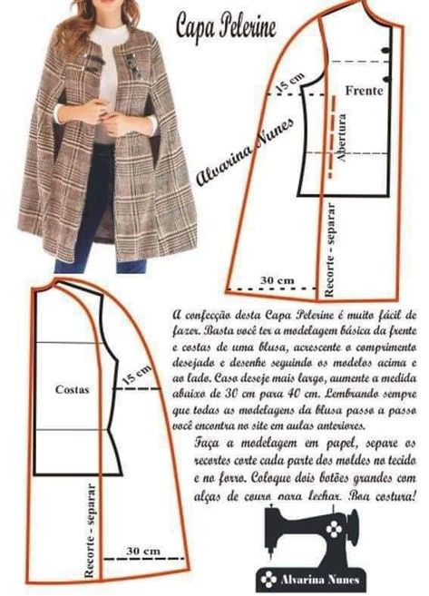 Cape Patterns Womens, Poncho Pattern Sewing, Cape Pattern Sewing, Cape Pattern, Coat Pattern Sewing, Sewing Clothes Women, Sewing Tutorials Clothes, Fashion Design Patterns, Fashion Sewing Tutorials