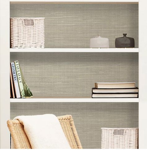 Wallpaper Lined Bookshelves, Grasscloth Wallpaper Bedroom, Wallpaper Bookcase, Wallpaper Bookshelf, Seagrass Wallpaper, White Bookshelves, Wallpaper Shelves, Wallpaper Accent Wall, Decorating Shelves