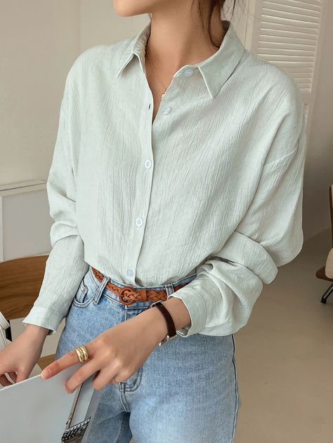 Mint Green Casual Collar Long Sleeve Fabric Plain Shirt Embellished Slight Stretch  Women Clothing Mint Green Shirt Outfit Women, Mint Shirt Outfit, Mint Blouse Outfit, Mint Green Shirt Outfit, Long Sleeve Button Up Shirt Outfit, Green Blouse Outfit, Green Shirt Outfits, Mint Green Blouse, Mint Outfit