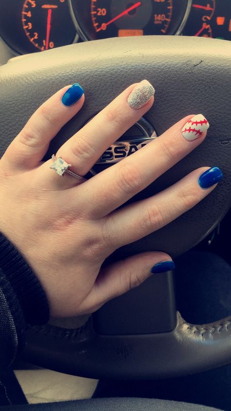 Cubs Nails Designs, Baseball Nail Ideas, Red White And Blue Baseball Nails, Chicago Cubs Nails Designs, Phillies Nails, Baseball Nails Design Mom, Kc Royals Nails, Baseball Inspired Nails, Chicago Cubs Nails