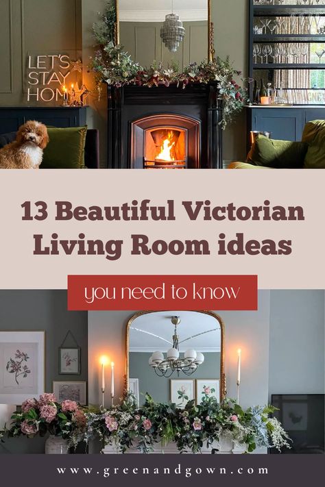 Discover Victorian Living Room Ideas that will have you dreaming of elegant, sophisticated spaces. We've put a list of 13 tips together to make the most of your living room space on the Green and Gown blog. Image source: Instagram @Elle_the_Home_Bird Victorian Cottage Living Room, Victorian Parlor Sitting Rooms, French Victorian Living Room, Old Victorian Living Room, Small Victorian Terrace Living Room, Bohemian Mansion, Victorian Modern Living Room, Victorian Living Rooms, Small Victorian Living Room