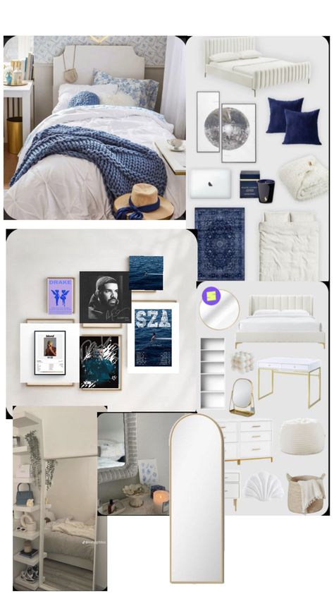 White Gold And Navy Bedroom, Dark Blue And Neutral Bedroom, White And Navy Bedroom Ideas, Navy Blue And White Room Aesthetic, Blue White And Grey Bedroom Room Ideas, Clean Girl Room Aesthetic Navy Blue, Navy And Gold Dorm Room, Blue Apartment Bedroom, Navy Blue Dorm Room Aesthetic