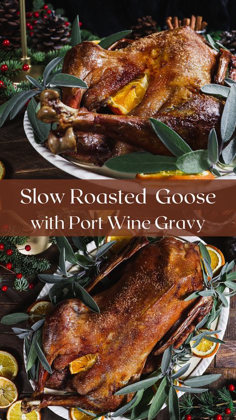 Slow roasted goose is a show stopping entrée to serve for your Christmas dinner. Goose has tender dark meat and a golden crispy skin that is rich and flavourful. Using the giblets from the goose, make a giblet broth which you can use to make a rich port wine gravy. Perfect for a special occasion. Goose Dinner Sides, Christmas Goose Recipes, Roast Goose Recipe Christmas, Victorian Christmas Dinner, Christmas Roast Duck, Roasted Goose, Duck Dishes, Roast Goose, Wine Gravy