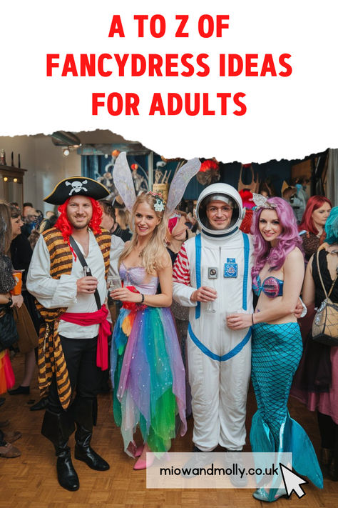 Some adults at a fancy dress party, dress as a pirate, a fairy, an astronaut and a mermaid. Group Fancy Dress Ideas, Fancy Dress Costume Ideas, Dress Costume Ideas, Fancy Dress Ideas, Party Gift Ideas, Fancy Dress Costume, Theme Dress, Letter Z, Cool Themes