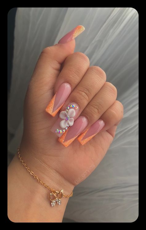 Orange Nails 3d Flowers, V French Nail Designs, Light Orange Nails Design, Orange Nails With Flowers, French Nail Inspiration, V French Tip Nails, Stickers Mushrooms, Nail Tattoos, Sugar Nails