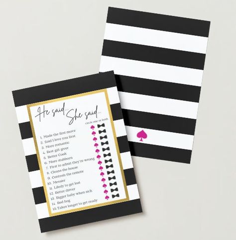 Kate Spade Bridal Shower Theme, Bachelorette Game, Kate Spade Bridal Shower, Kate Spade Bridal, Best Gin, He Said She Said, Kate Spade Inspired, Say Love You, Bachelorette Games