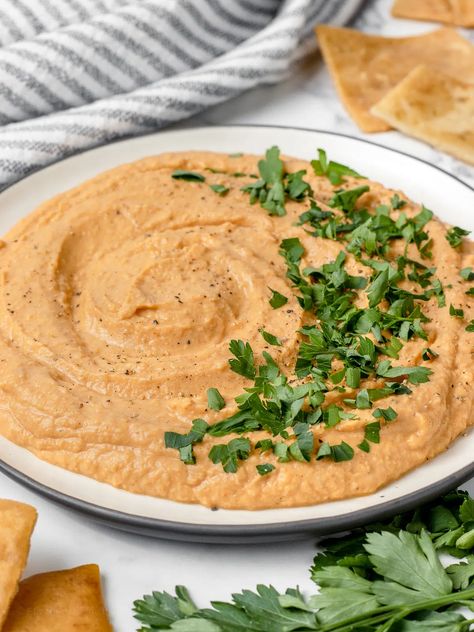 Simple Butter Bean Hummus - NO Tahini - Entirely Elizabeth Crispy Tahini Butter Beans, Butter Bean Hummus, No Tahini Hummus, Tahini Free Hummus Recipe, Entirely Elizabeth, Bean Hummus Recipe, Hummus Without Tahini, Bean Hummus, Vegan Hummus