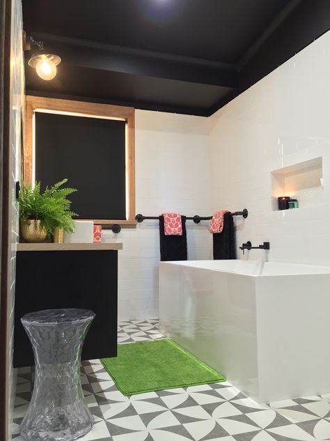 Black and white bathroom, black ceiling, bathroom Reno, Beaumont tiles Suttor bath 1500mm, orla kiely towels Bathroom Black Ceiling, Black Ceiling Bathroom, Bathroom Tiles Black, Medspa Decor, Black Ceilings, Orange Ceiling, Bathroom Orange, Orange Dining Room, Ceilings Ideas