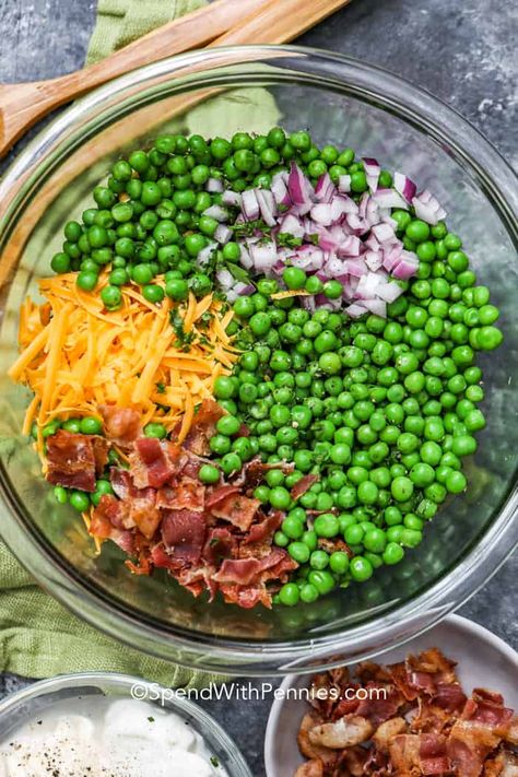 This green pea salad recipe is an easy and delicious bacon filled salad recipe that the whole family loves! #spendwithpennies #peasalad #salad #peas #sweetpeasalad #greenpeasalad #easypeasalad #peasaladrecipe Peasalad Salad, Bacon Pea Salad, Pea Salad With Bacon, Green Pea Salad, Perfect Salad Recipe, Pea Salad Recipes, Summer Salads With Fruit, Spend With Pennies, Best Bacon