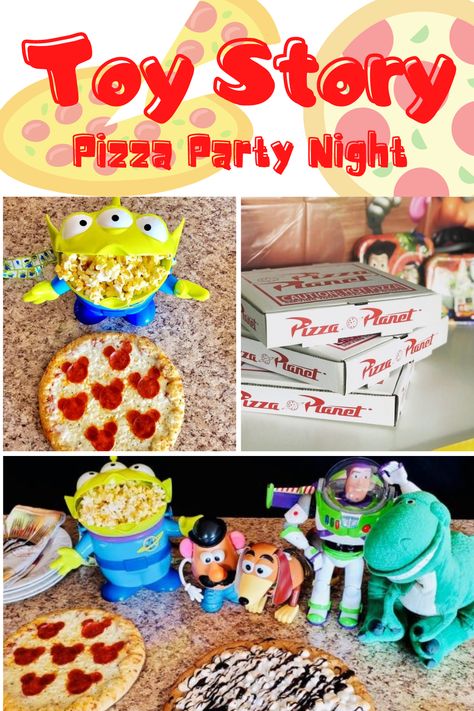 Toy Story Themed Pizza Party Night Disney Movie Party Ideas, Movie Themed Dinners Ideas, Toy Story Themed Movie Night, Toy Story Dinner, Toy Story Dinner Ideas, Toy Story Meal Ideas, Movie Themed Meals, Disney Inspired Dinner, Disney Movie Food Ideas