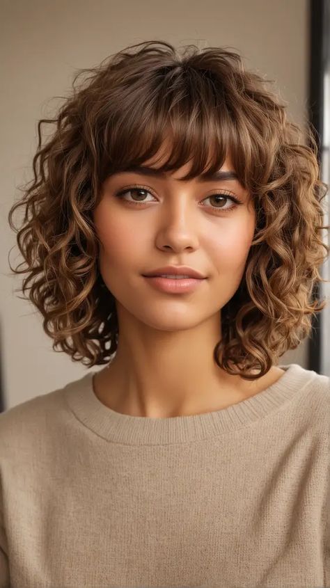 Short Permed Hair With Bangs, Curly Bob For Round Face, Bangs With Short Curly Hair, Shoulder Length Curly Haircuts Natural Curls, Curly Hair For Round Faces, Short Curly Cuts Natural Curls, Curly Hairstyles For Round Faces, Short Curly Weave Hairstyles, Short Curly Weave